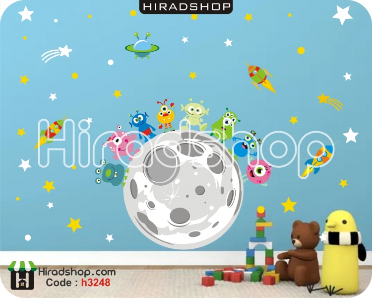 استیکر و برچسب دیواری اتاق کودک موجودات فضایی و میکروب ها و سیاره زمین موشک Aliens and microbes and rocket planet Earth wallstickers کد h3248