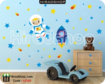 استیکر و برچسب دیواری اتاق کودک سیاره فضانورد و موشک کد h3350